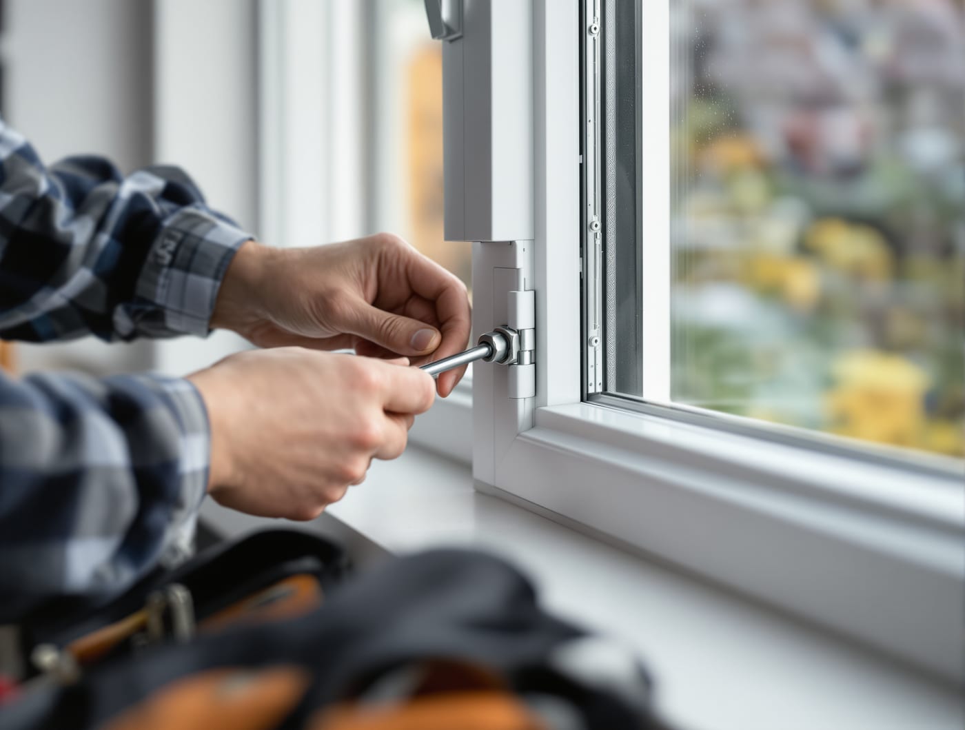 Hände justieren mit einem Inbusschlüssel den Beschlag eines Fensters (Symbolbild)